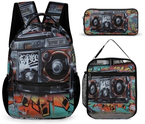 BTCOWZRV 3-teiliges Rucksack-Set mit großer Kapazität, multifunktionaler Graffiti-Hip-Hop-Laptop-Rucksack mit Lunch-Tasche, Stifteetui, trendiger Rucksack und Stifttasche, 3-in-1-Set,