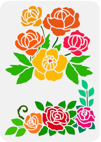 FINGERINSPIRE Stencil con bordo floreale per pittura, 21 x 29,7 cm, con angoli scavati, modello per disegno di rose, crisantemi, stencil per pittura con fiori e foglie, modello a tema pianta per fai