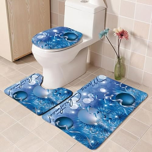 Bad Teppiche Set Blue Ball Weihnachten Badezimmerteppich Waschbar WC Vorleger mit Ausschnitt und WC Deckelbezug 3 Teilig Badematte rutschfest Toilettensitzbezug Badgarnitur 50x80 cm