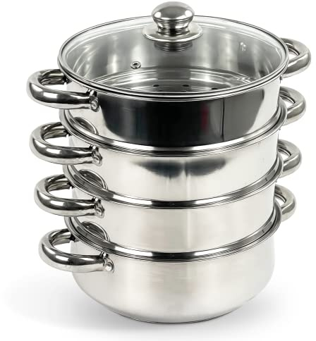 Crystals 4-Tier 24cm Stainless Steel Induction Hob Steamer with Glass Lid - 5-Piece Food-Steaming Cooking Set, Cookware Pot & Pan Set with Cool Handles