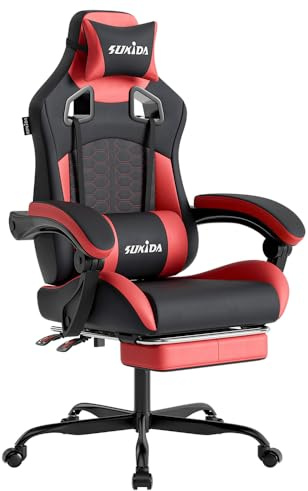 SUKIDA Silla ergonómica para Videojuegos con reposapiés, reposacabezas para Silla de Videojuegos, Silla de Videojuegos, Altura Ajustable, Soporte Lumbar para Oficina en casa y Juegos, Color Rojo