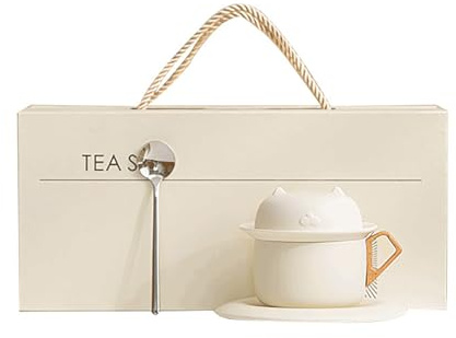 KALWEL,Tea Infuser Mug,Tea Mug With Infuser And Lid,Loose Leaf Tea Steeper,Best Tea Infusers For Loose Tea,Tea Steeper For Loose Tea,Cream Yellow Cat Tea Mug,Tea Mug,Ceramic Coffee Mugs