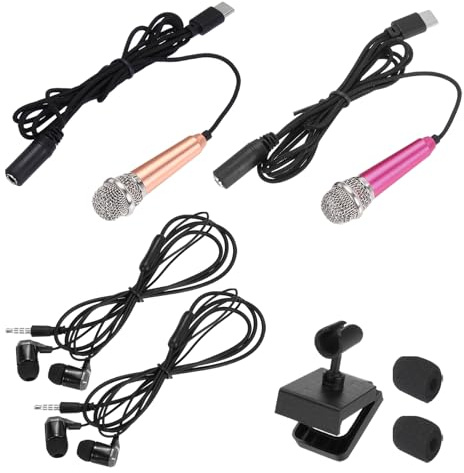 MECCANIXITY 2 mini micrófonos, mini micrófonos pequeños para teléfono tipo C, micrófono pequeño con soporte, cubierta de esponja, auriculares para grabar voz de teléfono, dorado/rosa intenso