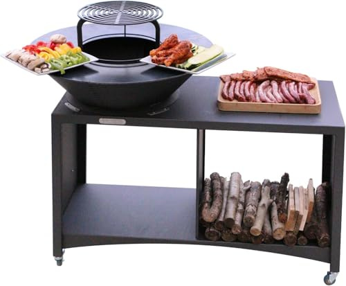 Brasero îlot avec Plaque et Grille Amovible en Acier Barbecue plancha extérieur Ø 100 cm