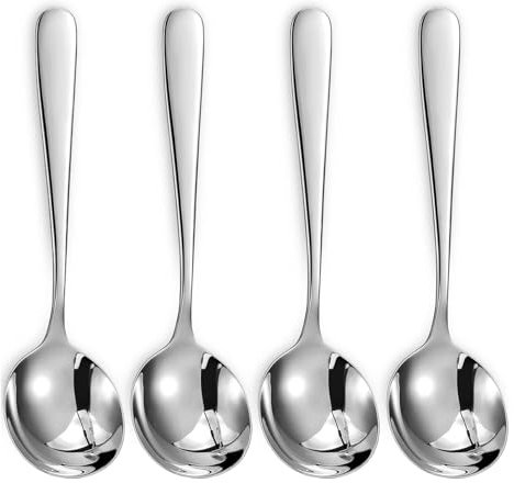 QZKJQDD Soup Spoons 4 Pieces Set, Stainless Steel Round Stainless Steel Bouillon, 4 High-Grade Spoons for Soup Spoon for Kitchen, Dining Table, Sleek Design, Durable Construction