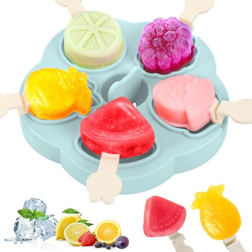 PITMT Eisformen Eis am Stiel Silikon, 5 Zellen Eis am Stiel Formen BPA Frei für Kinder und Baby, Mini Eisförmchen Popsicle Molds mit Stiel und Deckel, Wiederverwendbar Eis Selber Machen Formen Kinder