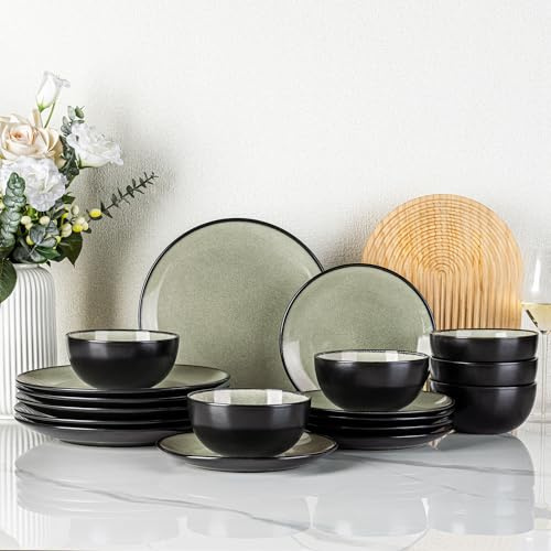 GBhome Stoneware Dinner Sets for 6 People, 18 Pieces Handcrafted Plates and Bowls Set, Scratch Resistant Dinnerware Set, Dishwasher & Microwave Safe Dishes, Sage Green