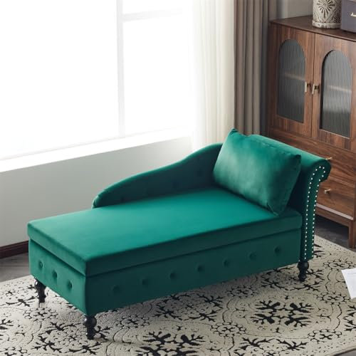 Chaiselongue-Sofa aus grünem Samt, mit Stauraum, gepolsterter Chaiselongue, Nagelkopfbesatz & Knopf-Getuft-Design, rechte Armlehne, stilvoller Loungesessel für Wohnzimmer