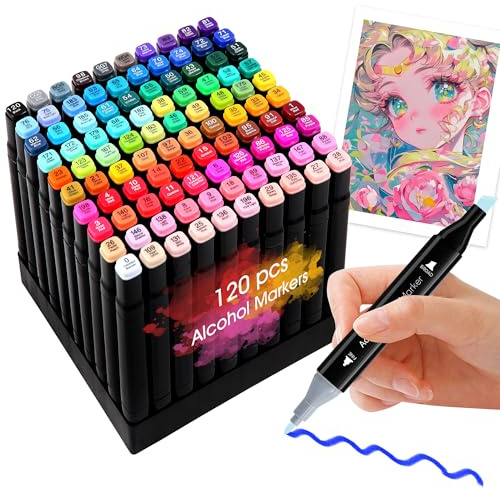 Alkohol Marker Dual Brush Filzstifte - 120 Farben Graffiti Stifte Permanent Twin Markers Brush Tip Colouring Manga Paint Marker Zeichnen Stifte Alkoholmarker Pastell füR Erwachsene Kinder Office