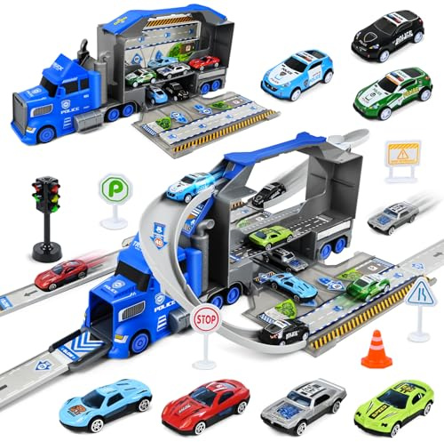 PATEMZON Transport Truck Spielzeugautos, Transport LKW Spielzeug, Tragbares Rennbahn Truck Spielzeugauto mit 8 Rennautos, Transporter Fahrzeug Spielzeug, Autotransporter für Kinder (Polizei)