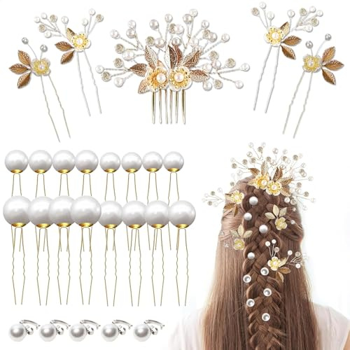 26 Pièces Accessoire Cheveux Mariage, Feuilles Dorées Accessoires de cheveux, Pince Cheveux Mariage en Forme de U Vintage Bijoux Cheveux Mariage pour Mariée et Demoiselles D'honneur