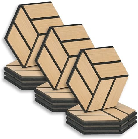 Homestyle4u Lot de 12 panneaux acoustiques hexagonaux 30 x 26 x 2 cm - Décoration murale naturelle - Isolation acoustique - Carrelage mural