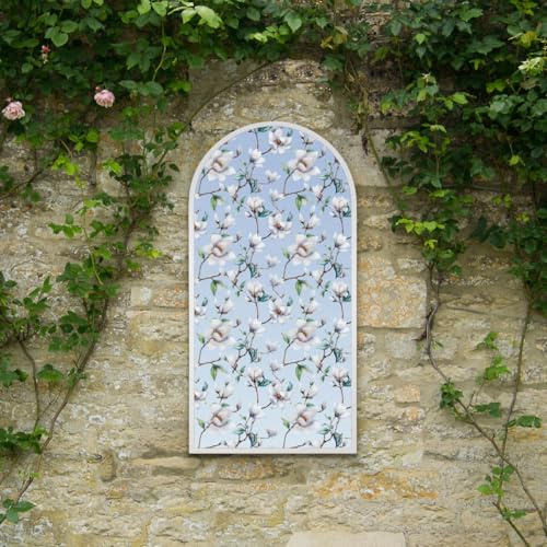 MirrorOutlet The Typis - White Metal Frame Edged Modern Round Arch Edge Garden Wall Mirror With Flower Printed Decal 47 x 24 (120CM X 60CM)