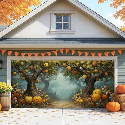 Fanciful Autumn - Cubierta para puerta de cochera, decoración grande de calabaza y flores, decoración de otoño para exteriores e interiores para Halloween y Acción de Gracias, 157 x 71 pulgadas