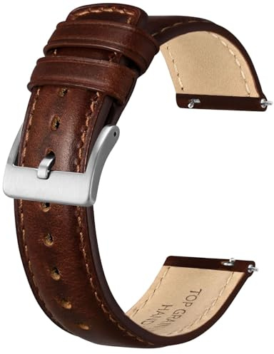 BISONSTRAP Läderarmband för män och kvinnor, olja pull-up läder, snabbfrigörande ersättningsband, bandbredd 18 mm 20 mm 22 mm, Mörk karamell (silverspänne), 20mm, vintage
