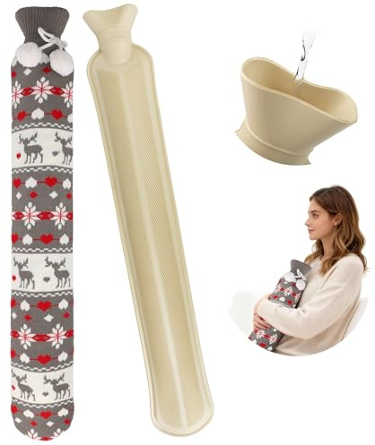 SilverChry Extra Lang Wärmflasche,2L,72cm,Naturkautschuk,Lindert Schmerzen,Hohe Kapazität Schlauch,Wärmflasche Extra Lang Schlauch mit Strickbezug,Nackenwärmflasche (Graues Rentier)