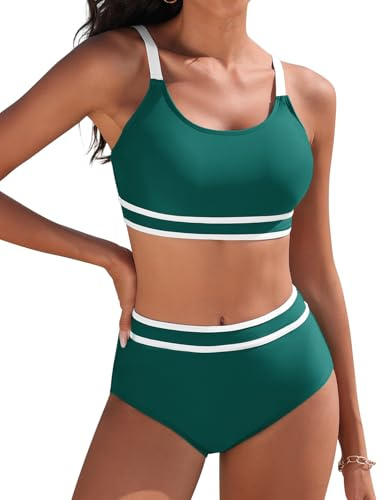 Tuopuda Bikini Mujer Push Up Deportivo Cintura Alta Traje de Baño Dos Piezas Conjunto de Bikini Biquini Vikini con Relleno Bikini Top con Brasileño Braga Alta, Turquesa Tropical, L
