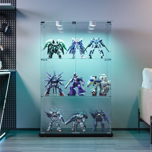 ZSSWSS Vitrine aus Glas mit LED, Ausstellungsvitrine mit 3 Glasablagen, moderne Vitrine mit 2 Türen und Schloss, Vitrine für Sammler (Schwarz, 3 Etagen 2 Tür+LED-A)