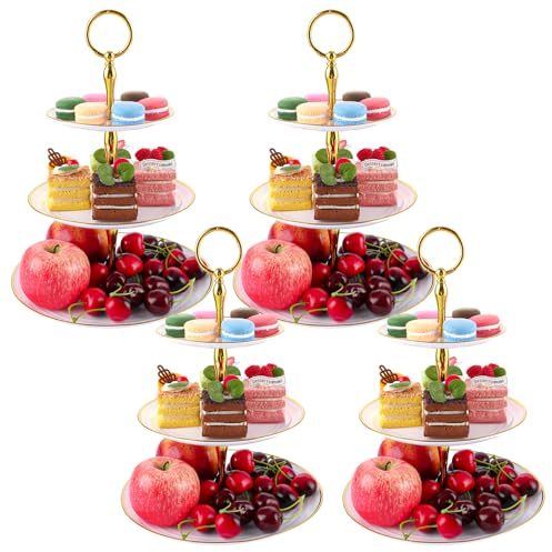YAYODS 4er Set Etagere Weiß mit Goldrand - 3-stöckiger Kunststoff Cupcake Ständer Leicht & Bruchsicher - Dessertständer für Gebäck & Nachmittagstee - Platzsparendes Gebäckständer für Hochzeit, Party