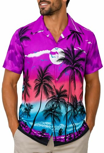 King Kameha Camicia Hawaiana Uomo Maniche Corte – Camicia Estiva Aloha con Stampa Spiaggia, Leggera e Facile da Lavare