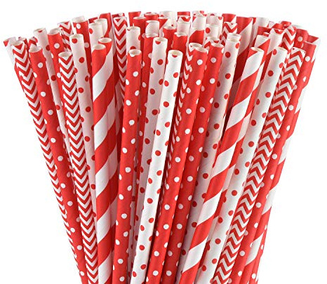 ALINK Biodegradable Red Paper Straws Bulk - 100 Dots/Stripes/Waves Straws for Beverage, Christmas, Holiday, Birthday, Wedding, Baby/Bridal Shower, Party and Decoration