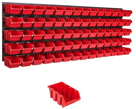 Lagersystem Wandregal 1152 x 390 mm , 70 stck. Box , Stapelboxen Schüttenregal Sichtlagerkästen , Extra Starke Wandplatten , Regal Erweiterbar , Werkstattregal Lagerregal Werkstattwandregal Steckregal