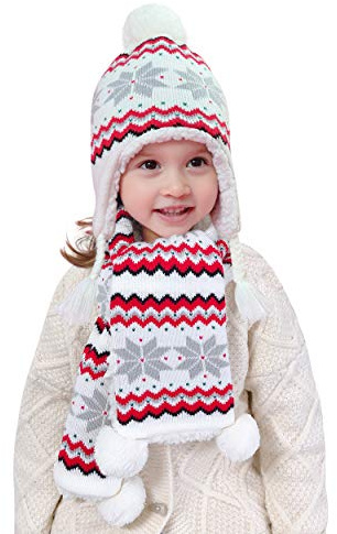 Mädchen Winter Mütze Schal 2stk Set Fleece Gefüttert 3-4 Jahre Kinder Baby Süß und Lieblich Pom Pom Thermal Wintermütze mit Ohrenklappen Stricke Halstuch Schneeflocke Weiß, Kopfumfang 50-52cm Gr.XL