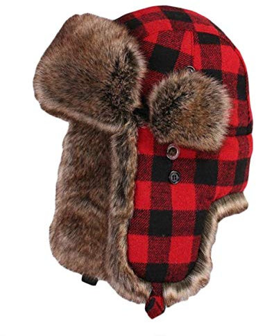 Ommda Wintermütze Winddicht Warme Fliegermütze Herren Damen Erwachsene Fellmütze mit Ohrenklappen Kunstfell Plaid Russisch Hut für OutdoorrotL Kopfumfang: 60cm