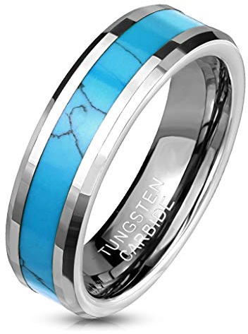 Paula & Fritz® Ring Damen Wolframcarbid synthetischer Turquoise Gr. 49 (15,6) - 70 (22,3) Silber-Türkis 6-mm Breit Herren-Ring Damenring Bandring