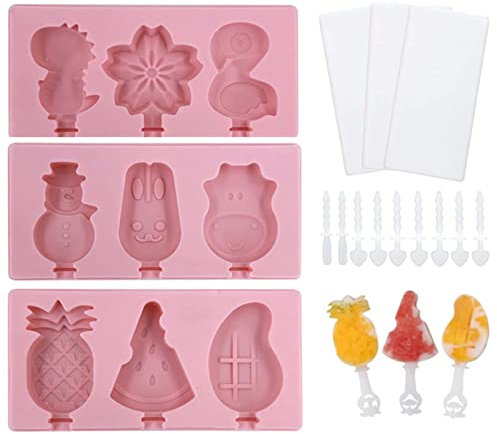Micacorn Molde para Helados, Reutilizable Moldes Silicona, Moldes de Polos, 3 Moldes para Paletas de Silicona de Grado Alimenticio con Tapa Para FiestasApto para adultos y niños