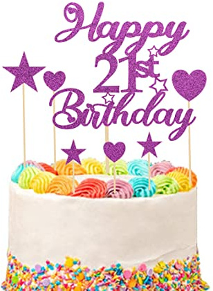 Happy 21st Birthday Cake Topper Set With Heart Star Cupcake Picks - Glitter Decoration for Party Supplies - 9pcs (Purple)