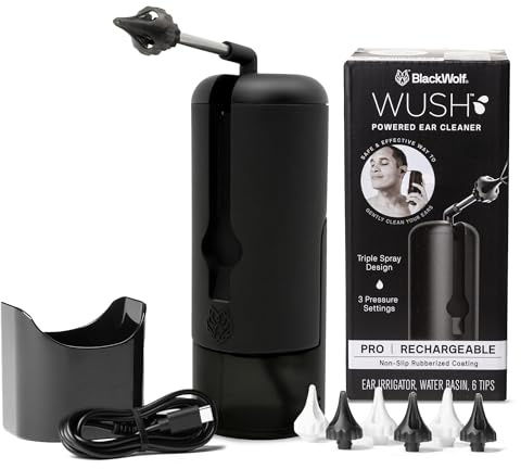 Wush Pro By Black Wolf- Deluxe Water Powered Ear Cleaner- Safe & Effective- Electric Triple Jet Stream 3 Pressure Settings For Ear Wax Buildup- Ear Wax Removal Kit- Water Resistant USB Rechargeable