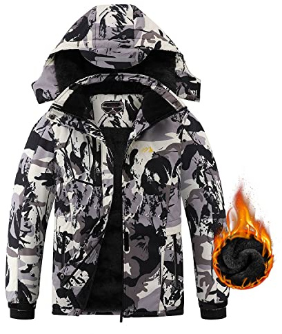 Kid's Ski Jacket Waterproof Boy's and Girl's Warm Fleece Winter Jacket Windproof Hooded Snow Coat (8-9, white camouflage)