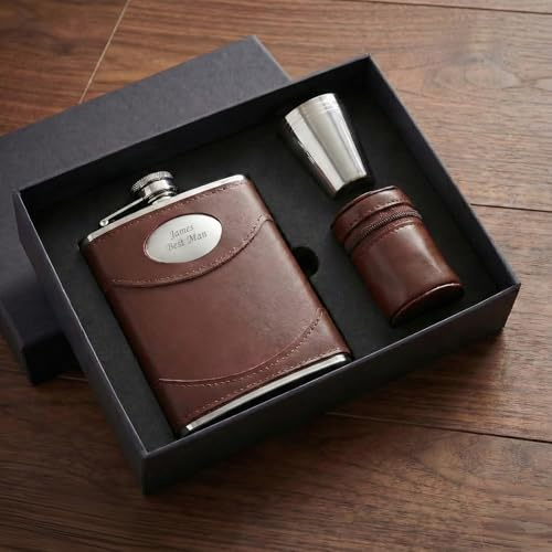 Personalised 6oz Brown Leather Hip Flask & Cups - Luxury Engraved Hip Flask & Cup Set - A Great Gift for Weddings, Groomsmen, Best Man, Father of The Bride & Father of The Groom