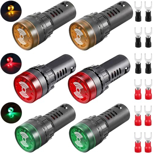 Youmile 6 pcs LED Buzzer 22mm 12V VDC LED Buzzer Alarm Flash Signal Indicator Light Red Green Yellow Premium Crisp Sound AD16-22SM-RGY110V with Red and Black Plug terminals
