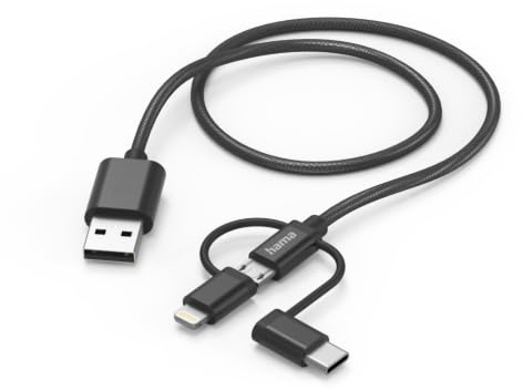Hama - Adaptador micro USB 3 en 1, USB C/Lightning (nailon, 3A, 480 Mbps, protección contra roturas, cable de 1,5 m), color negro