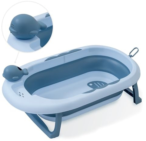 Interbaby Babybadewanne Faltbar mit Füßen, Ablauf und Spülbecher (Blau) | Babybadewanne mit Füßen und Spülbecher, rutschfest, Ablassventil, für Neugeborene bis 2 Jahre, tragbar und faltbar