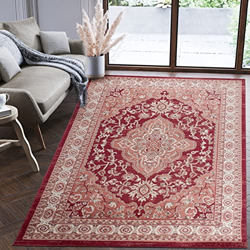 Mazovia Teppich Flur 140x200cm Rot Klassisch Traditionell Weich Mittelflor | Teppich für Eingangsbereich Küche Büro Wohnzimmer Schlafzimmer Pflegeleicht Fußbodenheizungsgeeignet Synthetisch Stilvoll