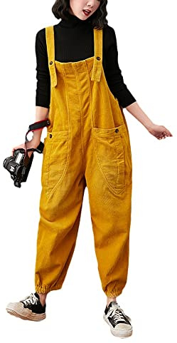 Montecarduo Damen Latzhose - Frauen Herbst Winter Gelb Cord Overalls Lose Plus Größe Strampler Tasche Breites Bein Overalls Für Outdoor Hosen Streetwear