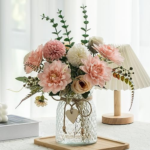 Aubcee Fake Flowers with Vase,Faux Flowers in Vase for Home Decor,Silk Pink Dahlia Artificial Flowers with Vase for Coffee Table Decor,Living Room Bathroom Plant Decor, Centerpiece Table Decorations