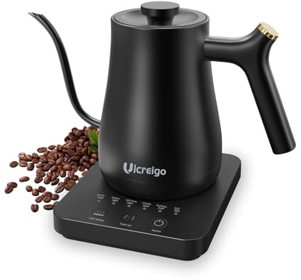Gooseneck Electric Kettle,Ulcreigo Tea Kettle for Boiling Water, Temperature Control with 5 Variable Presets,Hot Water Boiler Heater for Pour Over Coffee, Keep Warm 2 Hours,304 Stainless Steel(Black)