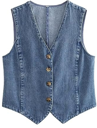Qkiome Women's Denim Waistcoat Sleeveless V-Neck Cropped Tank Tops Button Up Jean Vintage Crop Jackets Streetwear (Blue, L)