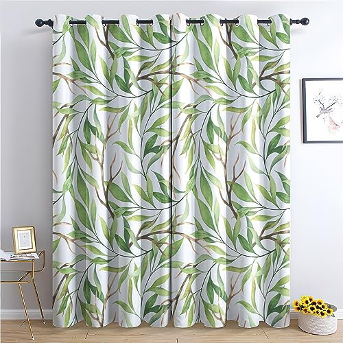 THYUNQ Green Leaf Curtains, Blackout Curtains for Bedroom Living Room 90 Drop, Thermal Insulated Eyelet Drapes, Patterned Window Treatments, 90x90 Inch (W X L), 2 Panels