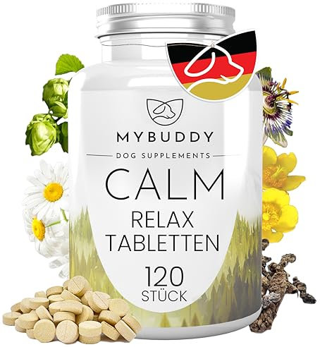 MYBUDDY Calm Relaxtabletten Hund Beruhigung mit Baldrian Hopfen Johanniskraut Kamille für alle Rassen Beruhigungsmittel für Hunde I Made in Germany (Calm Relaxtabletten, 120 Tabletten)