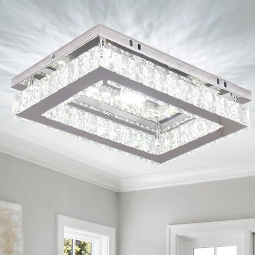 Finktonglan LED Crystal Chandelier Modern Rectangular Ceiling Lamp K9 Stainless Steel Flush Mount Ceiling Lights Fixture Chandelier for Dining Room Living Room Bedroom (Cool White)