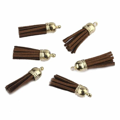 SHTGOI 20 Stück Leder Quaste 3CM Klein Wildleder Quaste mit mit Goldener Kappe Kunstleder Schlüsselanhänger Taschenanhänger Troddel Anhänger für DIY Tasche Schmuck Basteln Charm Zubehör Dunkelbraun