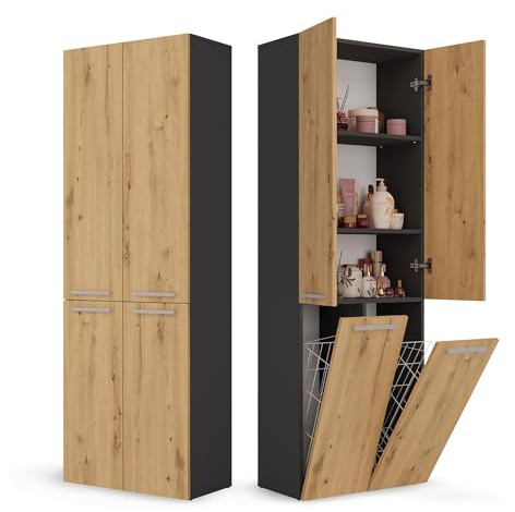 CDF Bathroom Cabinet with Laundry Basket, Oak Artisan Anthracite Bathroom Cabinet, Multi-Purpose Cabinet, Bathroom Shelf, Standing Tall Cabinet, Drawer Door, Floor Cabinet, Multi-Purpose Cabinet, 2