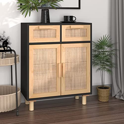 TANZEM Aparador Negro Madera Pino Maciza y ratán Natural 60x30x75 cm, Aparadores para Salon, Aparador Entrada Recibidor, Aparador Cocina, Vitrinas para Salon, Muebles Auxiliares