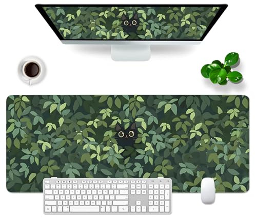VYEUIAO Grön gaming-musmatta med kattmotiv, skrivbordsunderlägg, 800 x 300 mm, söt stor XL-musmatta, professionell gamer-musmatta för dator/PC, Kawaii-tangentbordsmatta