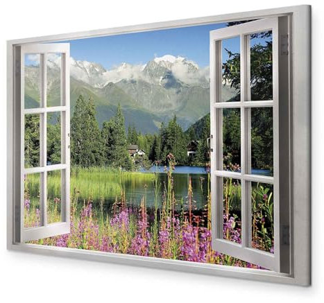 murando - Wandbilder Fensterblick 60x40 cm Leinwandbild 1 tlg Kunstdruck moderne Wandbilder auf Leinwand XXL Wohnzimmer Schlafzimmer Wanddekoration Design Wand Deko Gebirge Berge Natur Landschaft